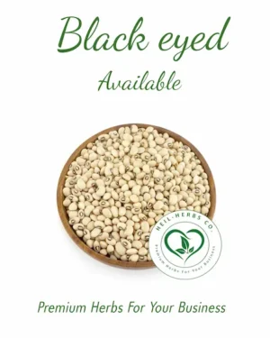 A wooden bowl filled with black-eyed beans is centered against a white background. The text above the bowl reads "Black eyed Available." Below the bowl, it says "Premium Herbs For Your Business," and a company logo with "NEIL-HERBS CO" is also displayed.