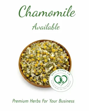 A wooden bowl filled with dried chamomile flowers is centered on a white background. The text above reads "Chamomile Available" in green script. Below the bowl is a logo for "Neil-Herbs Co." and the phrase "Premium Herbs For Your Business.