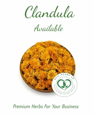 A wooden bowl filled with dried calendula flowers is centered against a white background. The text above reads "Clandula Available" and below the bowl is the text "Premium Herbs For Your Business" along with a green logo for Neil-Herbs Co.
