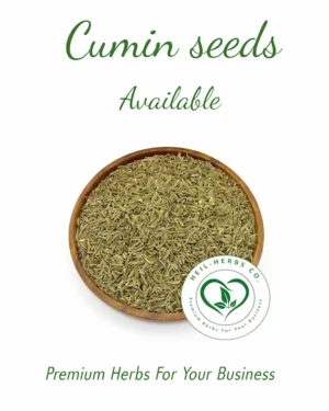 A wooden bowl filled with cumin seeds is centered on a white background. Green text above reads "Cumin seeds Available." A logo in the bottom right corner reads "Neli-Herbs Co. - Premium Herbs For Your Business." Text below reads "Premium Herbs For Your Business.