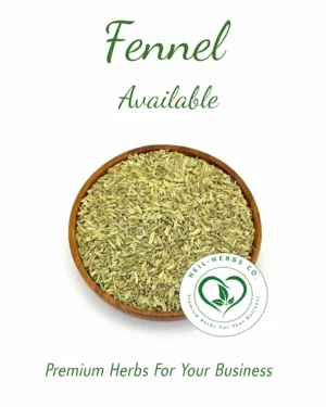 A wooden bowl filled with fennel seeds is centered against a white background. Above the bowl is text reading "Fennel Available," and below is a logo for "Neil-Herbs Co." with the tagline "Premium Herbs For Your Business.