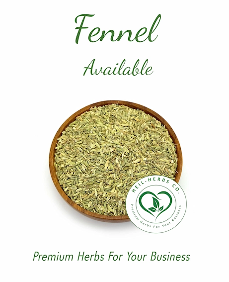 A wooden bowl filled with fennel seeds is centered against a white background. Above the bowl is text reading "Fennel Available," and below is a logo for "Neil-Herbs Co." with the tagline "Premium Herbs For Your Business.