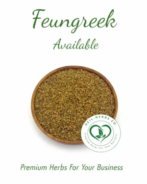 Image shows a bowl filled with fenugreek seeds in the center with text above and below. The top text reads "Feungreek Available." The bottom text reads "Premium Herbs For Your Business" along with a logo of "NEIL-HERBS CO." with the tagline "Fine Herbs For Your Business.