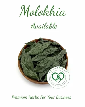 A wooden bowl filled with dried Molokhia leaves is centered on a white background. The text above the bowl reads "Molokhia Available." Below the bowl is the logo for Neil-Herbs Co., with the tagline "Premium Herbs For Your Business.