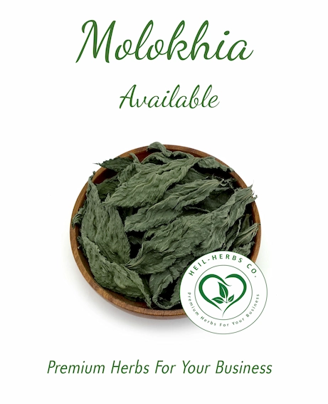 A wooden bowl filled with dried Molokhia leaves is centered on a white background. The text above the bowl reads "Molokhia Available." Below the bowl is the logo for Neil-Herbs Co., with the tagline "Premium Herbs For Your Business.