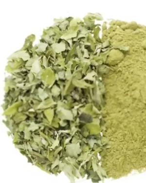 A split image of Mullein leaves on the left and Mullein leaf powder on the right. The leaves are green and chopped into small pieces, while the powder is a fine, greenish-yellow color. Both items are presented on a plain white background, showcasing their vibrant hues similar to dried Verbascum thapsus.