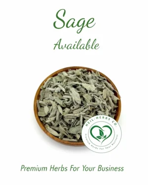A wooden bowl filled with dried sage leaves is set against a white background. Above the bowl, the text reads "Sage Available" in green cursive font. Below the bowl, a circular logo for "Heal-Herbs Co" is visible along with the slogan "Premium Herbs For Your Business.
