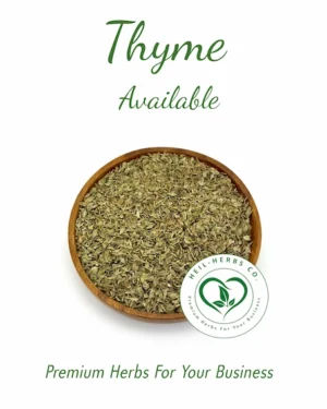 A wooden bowl filled with dried thyme is centered on a white background. The text above reads "Thyme Available," and below the bowl is a logo with the text "Neil-Herbs Co, Premium Herbs for Your Business.