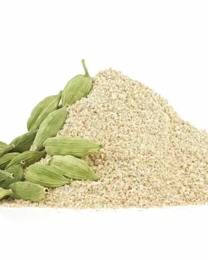 A pile of ground organic cardamom from Cardamom is next to a bunch of whole green pods. The finely ground spice forms a small mound, highlighting the contrast between the powdery texture and the smooth, oval-shaped pods. The white background emphasizes why so many choose to buy Cardamom for their kitchens.