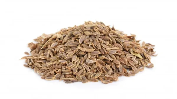 A small pile of Caraway seeds is scattered on a white background. The seeds are oblong with a slightly curved shape and have a light brown color with darker brown lines running along them, reminiscent of natural caraway.