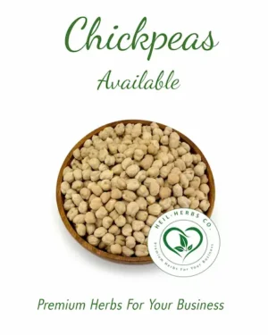 A wooden bowl filled with chickpeas is centered in the image. Text above reads "Chickpeas Available" and text below the bowl reads "Premium Herbs For Your Business." The bottom right features a circular logo with two green leaves and the text "NEIL-HERBS CO.