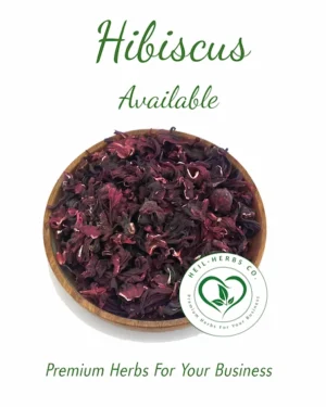 A wooden bowl filled with dried hibiscus petals is centered on a white background. Green text above reads "Hibiscus Available," and below the bowl is a logo with "NEIL HERBS CO" and their slogan, "Premium Herbs for Your Business." The bottom text reads "Premium Herbs For Your Business.