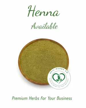 A wooden bowl filled with green henna powder is placed in the center of the image. The text at the top reads "Henna Available," and the bottom contains the text "Premium Herbs For Your Business" with a circular logo of "HEIL-HERBS CO." featuring a green leaf design.