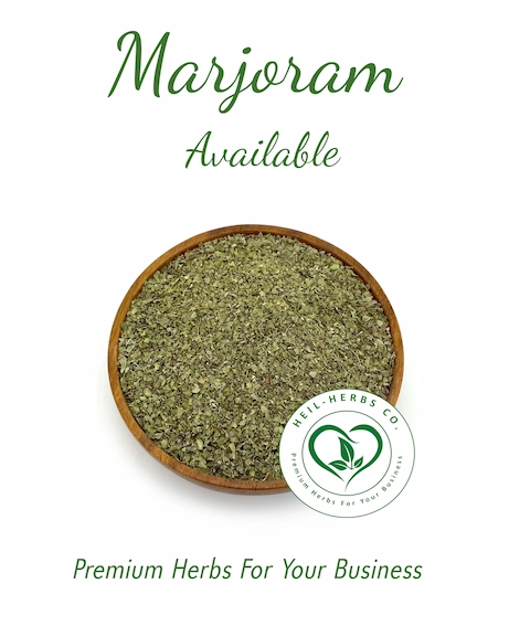 A wooden bowl filled with dried marjoram flakes is centered on a white background. The text "Marjoram Available" and "Premium Herbs For Your Business" surrounds the bowl, and the bottom right corner features a round logo for "Neil-Herbs Co.