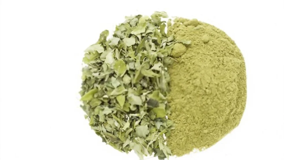 A split image of Mullein leaves on the left and Mullein leaf powder on the right. The leaves are green and chopped into small pieces, while the powder is a fine, greenish-yellow color. Both items are presented on a plain white background, showcasing their vibrant hues similar to dried Verbascum thapsus.