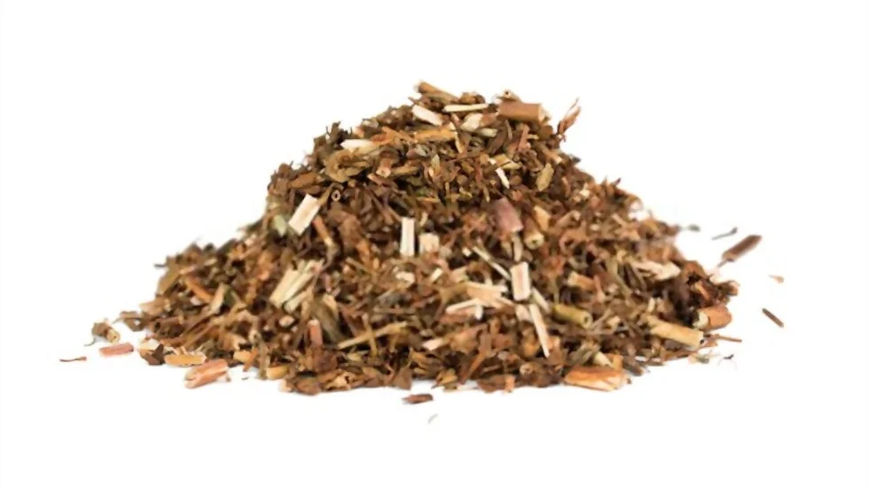 A neatly arranged pile of dried Mullein on a white background showcases its finely chopped blend, exhibiting an earthy brown color interspersed with green strands, indicative of the premium quality and mixture of various herbs suitable for pharmaceuticals.