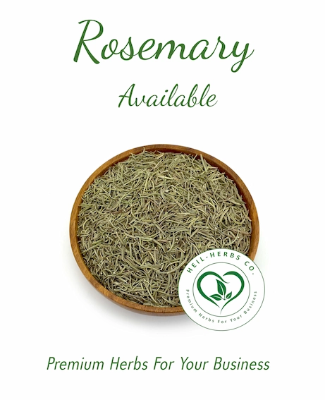An image featuring a wooden bowl filled with dried rosemary. Above the bowl, green text reads "Rosemary Available." Below the bowl, a logo for "Neil-Herbs Co." with the tagline "Premium Herbs For Your Business" is displayed.