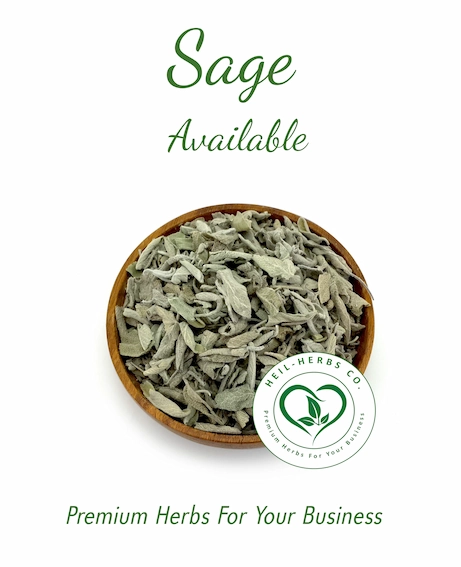 A wooden bowl filled with dried sage leaves is set against a white background. Above the bowl, the text reads "Sage Available" in green cursive font. Below the bowl, a circular logo for "Heal-Herbs Co" is visible along with the slogan "Premium Herbs For Your Business.