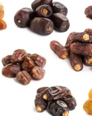 An assortment of nine different piles of Dried Dates, each featuring distinct shapes, sizes, and colors that range from light amber to dark brown, arranged in a grid pattern on a white background.