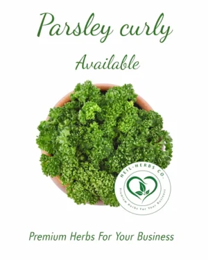 An image of a bowl filled with curly parsley with the text "Parsley curly Available," and "Premium Herbs For Your Business" at the bottom. The bottom right corner has a logo for "Neil-Herbs Co.," featuring two leaves inside a circle.