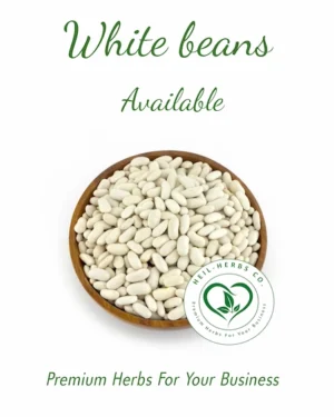 A wooden bowl filled with white beans is centered on a white background. The text above reads "White beans Available" and below the bowl is the logo of "Neil-Herbs Co" with the tagline "Premium Herbs For Your Business.